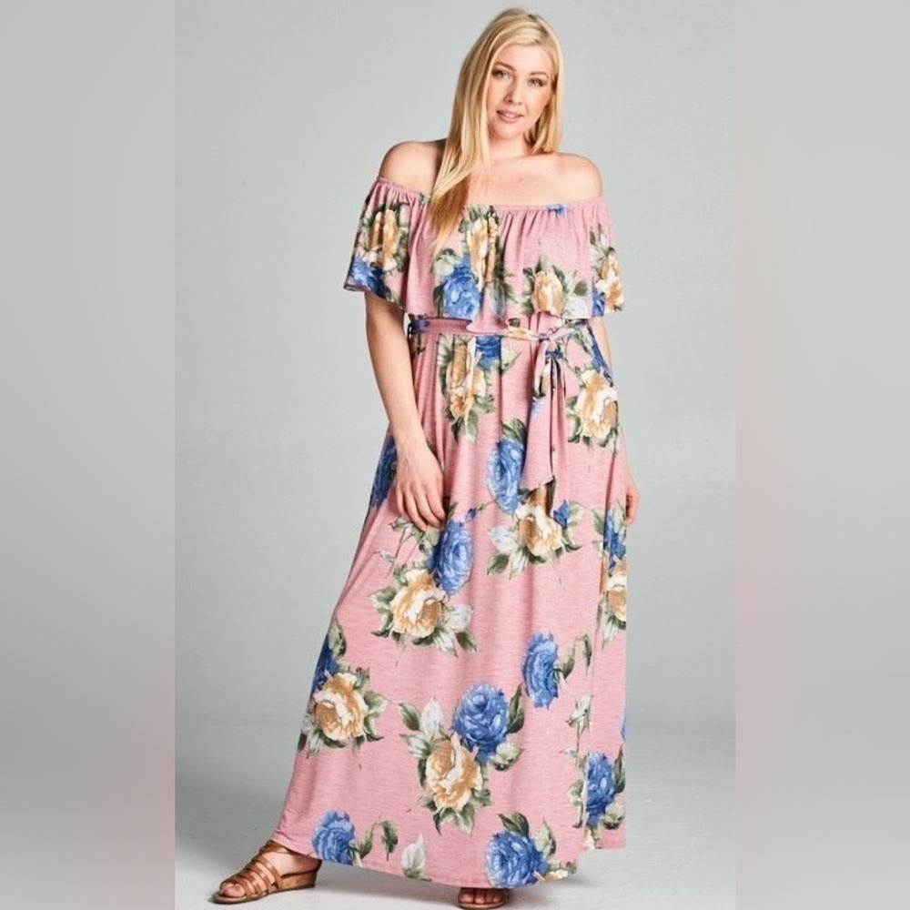 New!Plus Size Floral Off Shoulder Belted Maxi Dress Sizes  1X 2X 3X